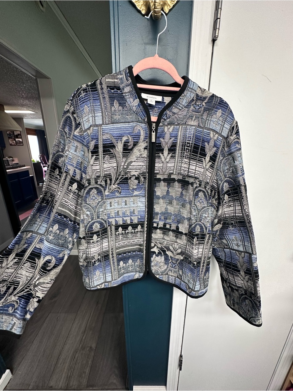 dressbarn Blue and Gray Patterned Zip-Front Jacket